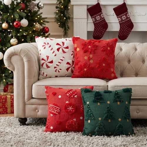 Tiamon 4 Pcs Christmas Throw Pillow Covers 18 x 18 Inch 3D Embroidered Plush Green Red Pillow Cases Christmas Tree Poinsettia Fluffy Faux Fur Cushion Covers for Sofa Couch Winter Holiday Party Decor - style: Christmas
