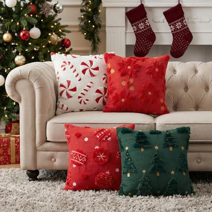 Tiamon 4 Pcs Christmas Throw Pillow Covers 18 x 18 Inch 3D Embroidered Plush Green Red Pillow Cases Christmas Tree Poinsettia Fluffy Faux Fur Cushion Covers for Sofa Couch Winter Holiday Party Decor - style: Christmas