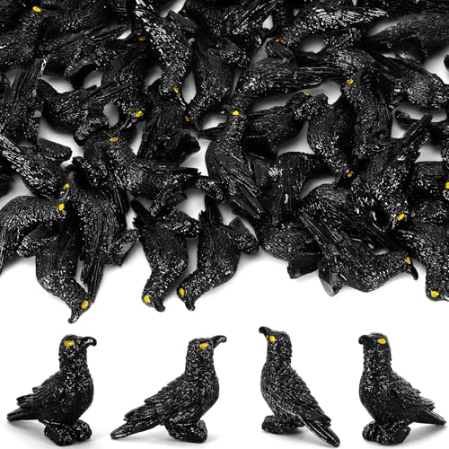 JUNEBRUSHS 50 Pcs Black Mini Resin Crow Halloween Table Decorations | Tiny Crows Figurines, Halloween Bird Ornaments, Tiered Tray Vase Filler Crafts, Party Favors - style: Halloween Style