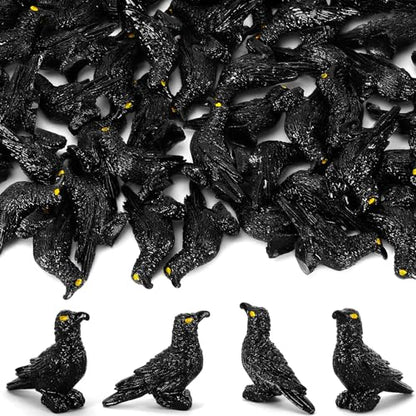 JUNEBRUSHS 50 Pcs Black Mini Resin Crow Halloween Table Decorations | Tiny Crows Figurines, Halloween Bird Ornaments, Tiered Tray Vase Filler Crafts, Party Favors - style: Halloween Style