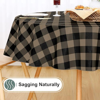 Round Waterproof Vinyl Table Cloth, Buffalo Flannel Backed Tablecloth, Wipeable Plastic Table Cover for Dinner, Kitchen, Picnic (60", Black and Khaki) - color: Black and Khaki, size: 60" (Round)