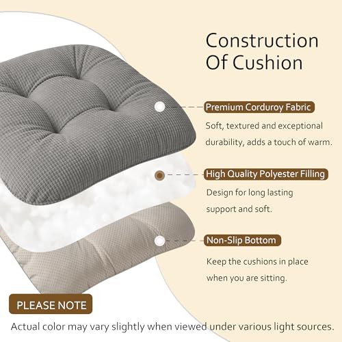 ELFJOY Dining Chair Cushions Set of 2 Non Slip 18"X18"X3" Light Grey | Thick,Textured Fabric, with Ties, Tufted, Large, for Kitchen, Dining Room, Indoor, Bedroom, Living Room, Office, Comfortable - color: Light Grey