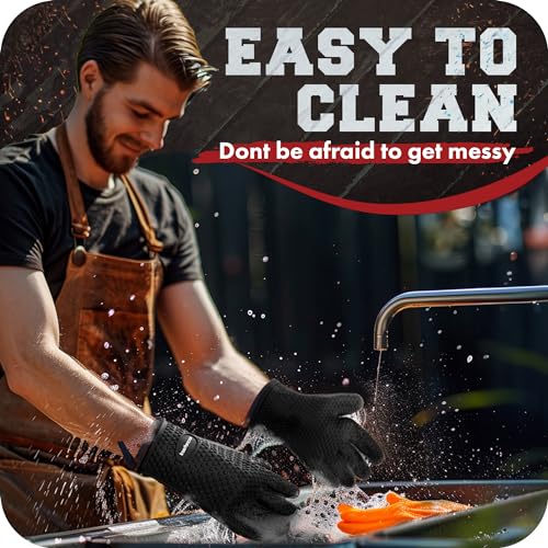 KITCHEN PERFECTION XL Silicone Smoker Oven Gloves-Extreme Heat Resistant BBQ Gloves-Handle Hot Food Right on Your Grill Fryer&Pit|Waterproof Grilling Cooking Baking Mitts|Superior Value Set+3 Bonuses | Waterproof, 5-Finger Design For A Better Grip, for Pi