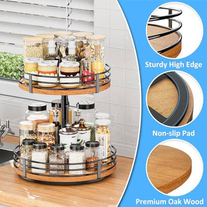 Lazy Susan Turntable Organizer Adjustable - 2 Tier Wood Rotating Spice Rack 12 Inch Lazy Susan for Kitchen Countertop Cabinet Pantry Cupboard Dining Table Bathroom Coffee Bar Home Storage - size: 12 inch 2 Tier