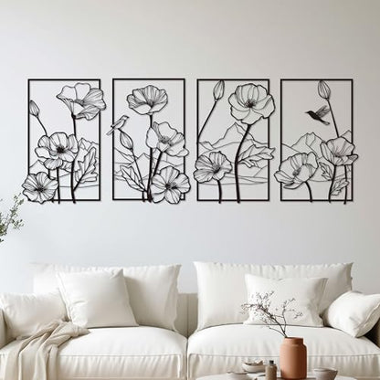 deeinglif Black Metal Wall Art Set of 4, 3D Metal Wall Decor for Living Room Bedroom Bathroom, Abstract Floral Mountain Nature Wall Sculptures, Modern Minimalist Iron Wall Art, 12 x 17 Inch