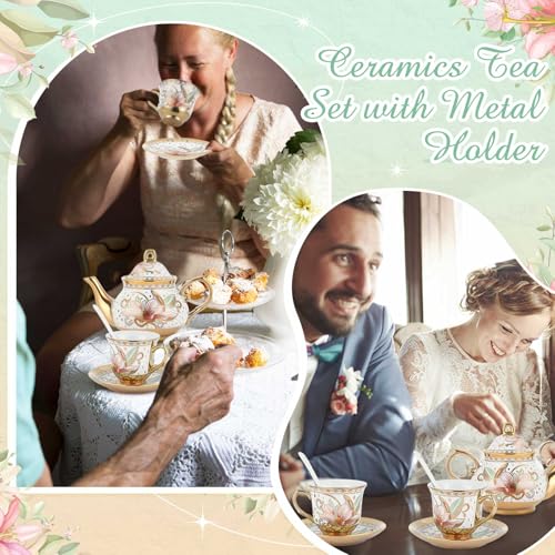 Zhehao 20 Pcs Porcelain Tea Set with Metal Holder and Spoon Adult Ceramic Tea Set European Flower Painting Teapot Cup Saucer Spoon for Women Mom Gift, Large Version (Traditional Style) - color: Traditional Style