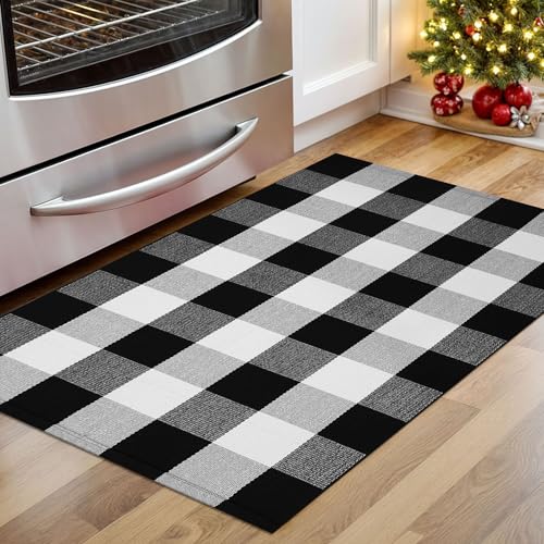 KOZYFLY Buffalo Plaid Area Rugs 27.5x43 Inches Black and White Checkered Rug Washable Front Door Mat Hand Woven Cotton Outdoor Rug Small Rug for Front Porch Kitchen Entryway Patio Bathroom | Washable Front Door Mat, Woven Cotton Outdoor Rug, Indoor Small