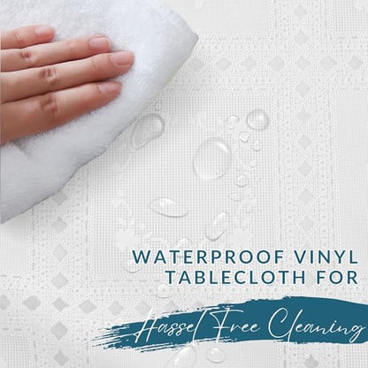 Threadmade Crochet Lace-Inspired 3-Yard Cut-to-fit Vinyl Tablecloth/Table Protector, White - 54" W x 108" L - color: White