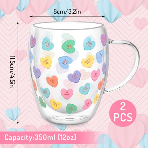 JarThenaAMCS Valentine' s Day Double Wall Glass Coffee Mugs Insulated Glasses 12Oz Candy Conversation Heart Clear Espresso Cups with Handle for Home Holiday Supplies, Set of 2 - style: Pastel Conversation Heart