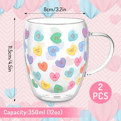 JarThenaAMCS Valentine' s Day Double Wall Glass Coffee Mugs Insulated Glasses 12Oz Candy Conversation Heart Clear Espresso Cups with Handle for Home Holiday Supplies, Set of 2 - style: Pastel Conversation Heart