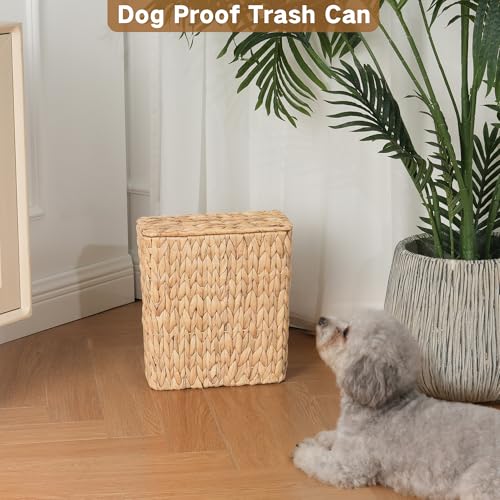 iEGrow Wicker Trash Can, Bathroom Trash Can with Lid, 3 Gallon Natural Water Hyacinth Waste Basket with Removable Liner, for Bedroom, Living Room, Toilet, Under Sink - color: Brown, size: Square