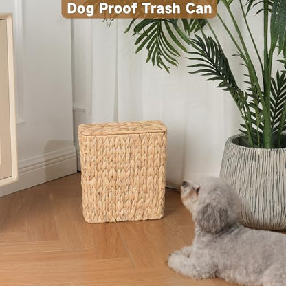 iEGrow Wicker Trash Can, Bathroom Trash Can with Lid, 3 Gallon Natural Water Hyacinth Waste Basket with Removable Liner, for Bedroom, Living Room, Toilet, Under Sink - color: Brown, size: Square