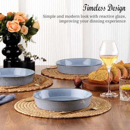 E-far Pasta Bowls, 34oz Stoneware Bowl Plate for Dinner Serving Soup Salad, Wide & Shallow Large Ceramic Pasta Plate Set of 4, Microwave & Dishwasher Safe, Reactive Glaze with Rim, Ocean Blue - color: Ocean Blue