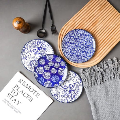 Selamica Dessert Plates Ceramic, 6 Inch Embossed Small Plates for Appetizer, Cake, Snacks, Microwave Dishwasher Safe, Set of 4, Blue - size: 6 inch