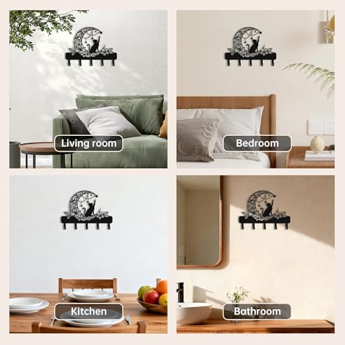 Cat Key Holder for Wall, Cat on Moon Entryway Decorative Key Hooks | Cat with floral moon & star design, 6 hooks 13.4" x 9.5", for keys, entryway, cute storage & wall decor gift.