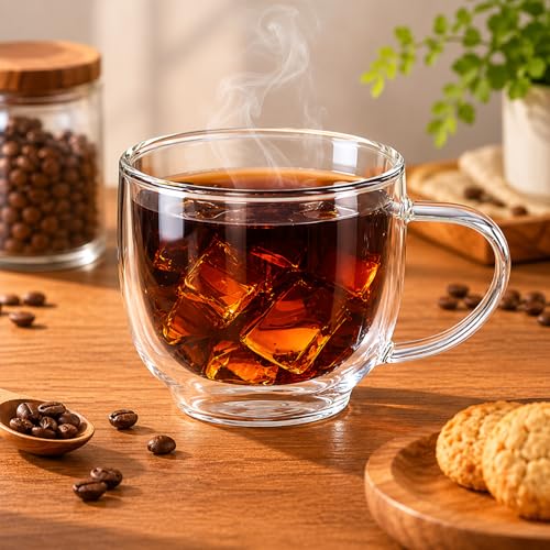 Double Wall Glass Coffee Mugs with Handle, 7.4 oz (220ml) Clear Insulated Espresso Cups for Cappuccino, Latte, Hot Tea & Cold Drinks, Microwave Safe Borosilicate Glassware, Set of 2 (6oz(2-pack))