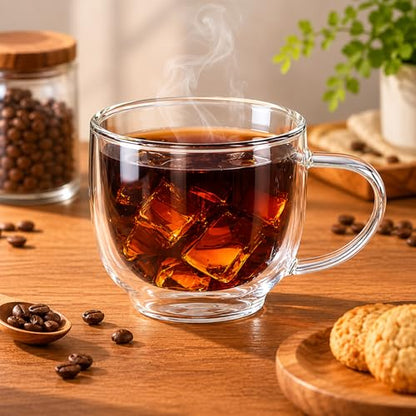 Double Wall Glass Coffee Mugs with Handle, 7.4 oz (220ml) Clear Insulated Espresso Cups for Cappuccino, Latte, Hot Tea & Cold Drinks, Microwave Safe Borosilicate Glassware, Set of 2 (6oz(2-pack))