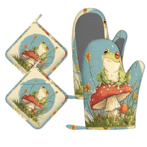 Cute Frog Mushroom Oven Mitts and Pot Holders Sets of 4, Heat Resistant Silicone Oven Mitts Gloves Non-Slip Kitchen Mittens Potholders for Cooking Baking Grilling BBQ - color: Cute Frog Mushroom