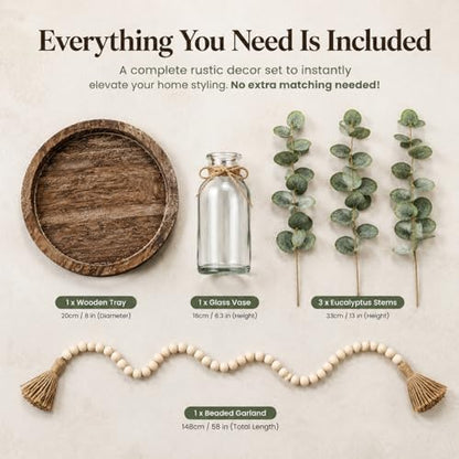 5 Pcs Rustic Farmhouse Decor Set Wooden Decorative Tray, Solid Wood Bead, Glass Vase, Faux Eucalyptus Stems and Jute Rope, Farmhouse Coffee Table Decor for Home Office, Bathroom, and Wedding