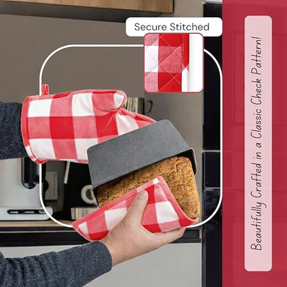 Native Fab Buffalo Plaid Check Oven Mitts and Pot Holders Set of 4, 100% Cotton Heat Resistant Kitchen Gloves, 2 Oven Mitts (7x13), 2 Pot Holders (8x8) for Cooking & Baking, Red White - color: Buffalo, Red