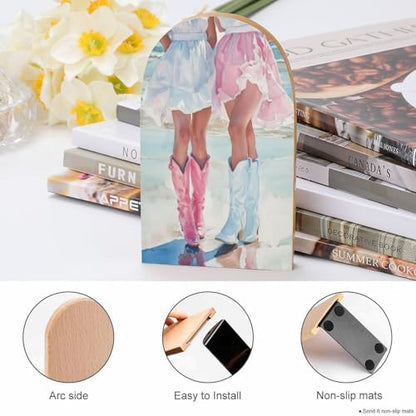 Two Women Dresses with Cowboy Boots Wooden Bookends Shelves 2 PCS Beach Preppy Sturdy Book Holders Desktop Organizer for Home Office Libraries - color: Color-1