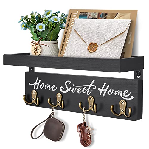 buways Key Holder Wall Mount with 8 Hooks and Cozy Home Sign(Black) | Solid Wood, Floating Shelf for Keys, Mail, and Daily Essentials in Entryways, Hallways or Home Decor - color: Black