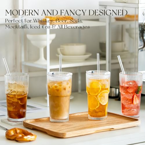 KEMORELA 20oz Ribbed glass cups with lids and straws, Iced Coffee Cups | Reusable thick-wall glass, Leak-Proof Lids, Fits Most Car Cup Holders, For Iced Coffee and Cold Drinks, With Cleaning Brush - size: 20oz 0.3"straw