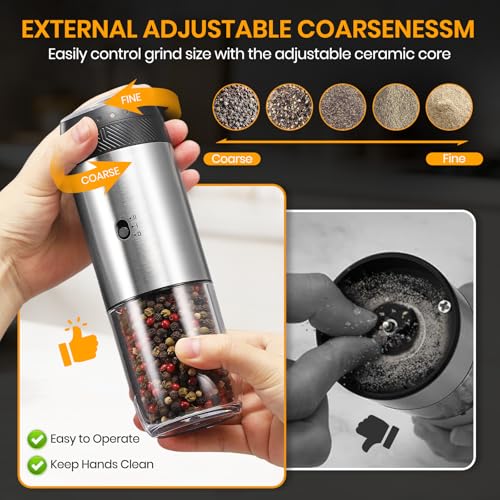 Rechargeable Gravity Electric Salt Grinder Set,Stainless Steel | with Variable Grinding Speed, External Adjustable Coarseness,Charging Base and White LED Light - color: Stainless Steel with Charging Base