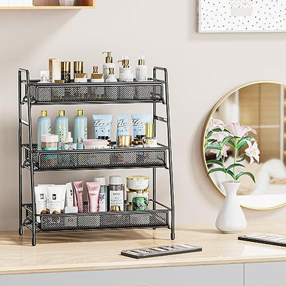EKNITEY Bathroom Countertop Organizer Rack - 3 Tier Counter Spice Rack | Metal, Non-Slip Base, Makeup Rack, Small Coffee Station Organizer, for Sink Bedroom Kitchen Living room - color: Black