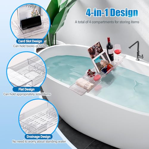 HOMEE Acrylic Expandable Bathtub Caddy Tray, Bath Tub Board for Bathroom | Adjustable Bath Tub Tray Table Organizer Fit Most Tubs for Storage Toiletries, Ideal for Home Spa, Bathroom Organization