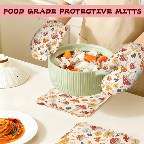 Retro Mushroom Daisy Flowers Silicone Oven Mitts and Pot Holders,Heat-Resistant 4 Piece Kitchen Set Non-Slip Oven Gloves and Hot Pads for Cooking, Baking, Grilling,BBQ - color: Retro Mushroom Daisy Flowers