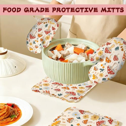 Retro Mushroom Daisy Flowers Silicone Oven Mitts and Pot Holders,Heat-Resistant 4 Piece Kitchen Set Non-Slip Oven Gloves and Hot Pads for Cooking, Baking, Grilling,BBQ - color: Retro Mushroom Daisy Flowers