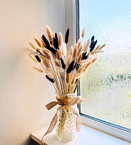 100 Stems Bunny Tails Pampas Grass Dried Flowers | 30pcs Black, 30pcs White, 40pcs Natural Brown, Boho Home & Kitchen Decor, Pampas Grass Decor