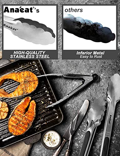 Anaeat Premium Kitchen Locking Tong Set of 3 - Heavy Duty Stainless Steel Food Tongs with Long Handle & Non-Slip Silicone Grip for Cooking, Baking, Grilling - Heat Resistant up to 480°F - color: 3 Pcs Stainless Steel - Black, size: 7+9+12 Inch