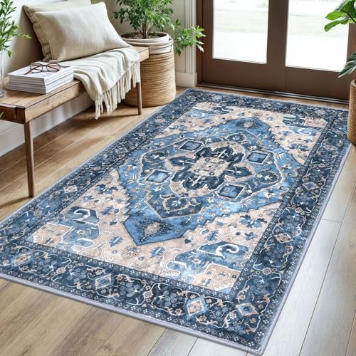 SIILOOM 3x5 Washable Area Rug Non Slip Door Mat Indoor for Entryway Bedside | Soft Boho Vintage Spill & Stain Resistant Low Pile Carpet for Kitchen Office Front Backdoor Bedroom, Easy Clean - color: Blue, size: 3' x 5' (Rectangular)