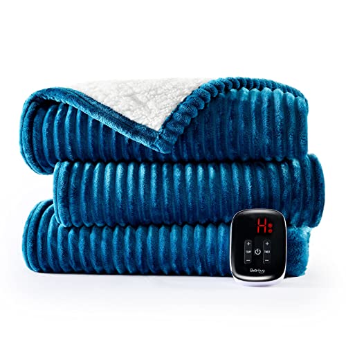Bearhug Electric Heated Blanket, 62"x84" Ribbed Flannel & Sherpa Fast Heating Blanket, 10 Heating Levels & 1-12H Auto Off, Over-Heat Protect, ETL, Machine Washable - color: Navy Blue-flannel & Sherpa, size: Twin Size 62" × 84"