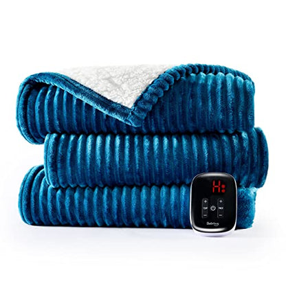 Bearhug Electric Heated Blanket, 62"x84" Ribbed Flannel & Sherpa Fast Heating Blanket, 10 Heating Levels & 1-12H Auto Off, Over-Heat Protect, ETL, Machine Washable - color: Navy Blue-flannel & Sherpa, size: Twin Size 62" × 84"