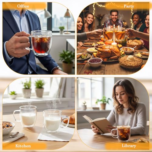 Patelai Glass Coffee Mugs Set of 6, 16 oz Clear Double Walled Coffee Cups Glasses Insulated Latte Mugs with Handle Espresso Clear Cups for Hot and Cold Beverages - color: Clear, size: 480ml