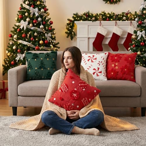 Tiamon 4 Pcs Christmas Throw Pillow Covers 18 x 18 Inch 3D Embroidered Plush Green Red Pillow Cases Christmas Tree Poinsettia Fluffy Faux Fur Cushion Covers for Sofa Couch Winter Holiday Party Decor - style: Christmas