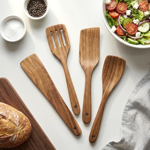 Acacia Wooden Spatula Set Non Toxic Kitchen Utensil Set Slotted Turner | Flat Wood Wok Spatulas for Cooking Spoon Kitchen Spurtle Bamboo Cooking Utensils Fish Egg Flipper Spatula Cast Iron Scraper - size: 4 Pieces