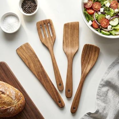Acacia Wooden Spatula Set Non Toxic Kitchen Utensil Set Slotted Turner | Flat Wood Wok Spatulas for Cooking Spoon Kitchen Spurtle Bamboo Cooking Utensils Fish Egg Flipper Spatula Cast Iron Scraper - size: 4 Pieces