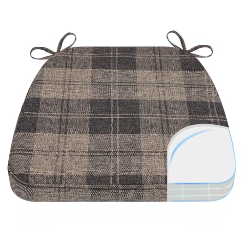 AAAAAcessories D-Shaped Chair Cushions, 2" Thick Dining Chair Pads with Ties and Removable, Machine-Washable Cover, 17" x 16", Brown Checkered - color: Brown Checkered, size: 1 Count(Pack of 1)