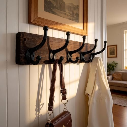 WEBI Rustic Coat Rack Wall Mount,5 Cast Iron Coat Hooks Wall Mounted,Heavy Duty Wood Wall Coat Hanger Hooks for Hanging Coats,Jacket,Clothes,Backpack,Farmhouse,Weathered Brown,2 Packs - color: Weathered Brown, size: 17 Inch(2 Packs)
