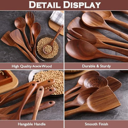 6-Piece Teak Wood Cooking Utensil Set, Wooden Spoons for Cooking | Durable, Non Toxic, Non-Stick, Smooth Finish, Easy to Clean, Comfort Grip, House Warming Gift - style: 6Pcs Set