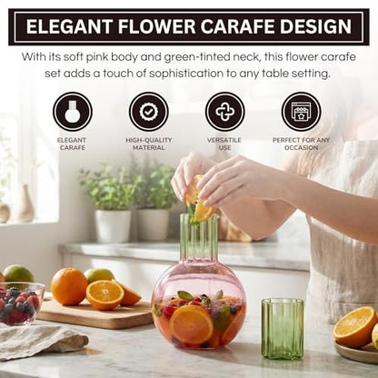 Cute Wave Flower Glass Carafe Bedside Water Pitcher & Cup Set - 44oz Handblown Round Pink Cherry Pitcher with 6.8oz Glass Green Flower Tumbler - Aesthetic Unique Fruit Glassware for Juice Wine & Water