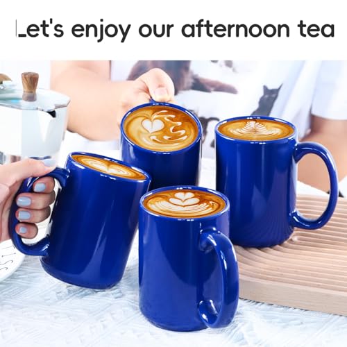 15 OZ Coffee Mugs, Classic Blank Ceramic Cup with Large Handle for Tea Latte Cappuccino, Set of 4, Blue - color: Blue