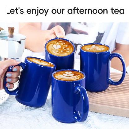 15 OZ Coffee Mugs, Classic Blank Ceramic Cup with Large Handle for Tea Latte Cappuccino, Set of 4, Blue - color: Blue