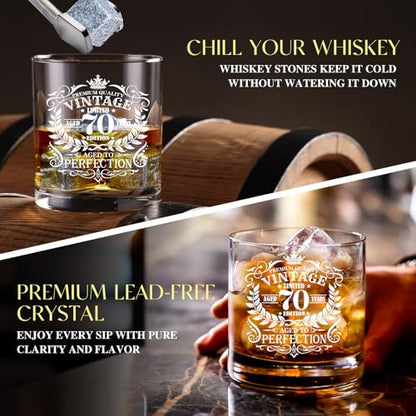 70th Birthday Gifts for Men Whiskey Glass Set, 70th Birthday Party Supplies with 11 Oz Whiskey Glass Coaster Stone Baseball Cap Apron Sock Toilet Paper Keychain for Him, Dad, Husband, Friends - style: 70th Birthday