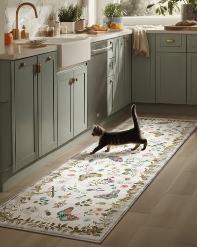 Machine Washable Kitchen Runner Rugs: 2'6"x8' Hallway Runner Stain Resistant Non Slip Low Pile Soft Carpet Runners for Hallways Indoor Entryway Kitchen Laundry Room Bedroom Bathroom Farmhouse - color: Butterfly-beige, size: 2'6" x 8' (Rectangular)