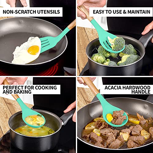 Zulay Kitchen 5 Piece Silicone Utensil Set | Non-Stick Silicone Cooking Utensils Set with Acacia Wood Handles - 464°F Heat Resistance Kitchen Utensils Set - Mint - color: Mint, size: 5-Piece Set